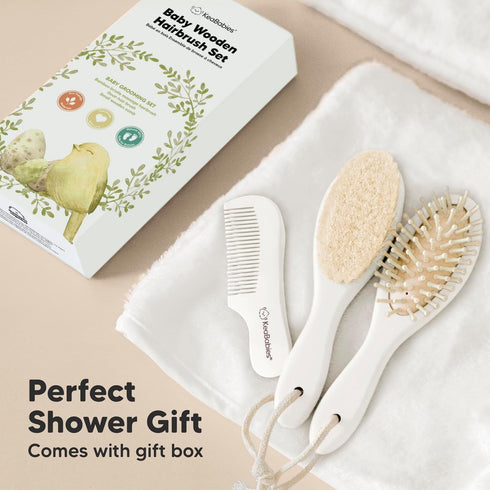 Baby Hair Brush and Comb Set for Newborn - Wooden Baby Hair Brush Set with Soft Goat Bristle, Baby Brush Set for Newborns, Baby Brush and Comb Set...
