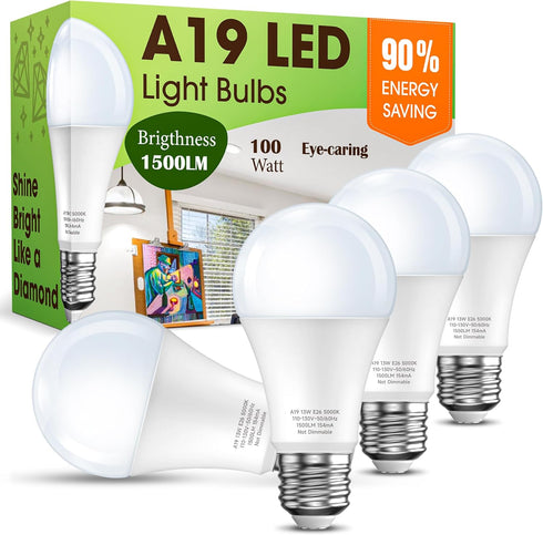 A19 LED Light Bulbs 100 Watt Equivalent Daylight 5000K, 13W 1500LM Super Bright LED Bulb, E26 Base, Energy Saving, 20000+ Hours Longevity, Non-Dim...