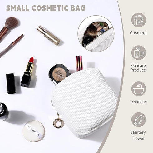 5.31" Small Makeup Bag for Purse, Corduroy Cosmetic Bag for Women Girls, Portable Makeup Pouch with Zipper (White)...