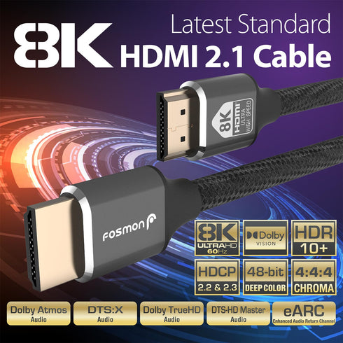 Fosmon HDMI 2.1 Cable 8K@60Hz 1ft, Premium Certified in-Wall CL3 Rated, 48Gbps Ultra High Speed, 4K@120Hz, Dynamic HDR, HDCP 2.3, 3D, eARC, 30AWG ...