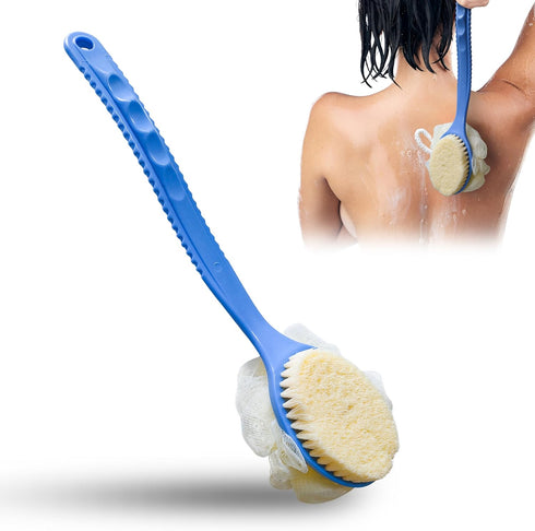 2in1 Shower Brush with Loofah - Long Handle Back Scrubber Brush Exfoliating Skin Bath Mesh Sponge Back, Body, and Feet, Soft Massage Bristles for ...