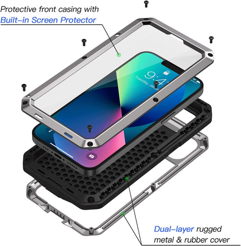 Lanhiem for iPhone 13 Metal Case, Heavy Duty Shockproof Tough Rugged Case with Built-in Glass Screen Protector, 360 Full Body Protective Cover for...