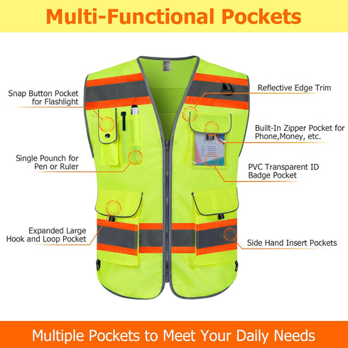 TCCFCCT Reflective Safety Vest for Men Women 9 Pockets High Visibility Vest with Fluorescent Orange Extend Edge, Hi Vis Security Work Vest for Sur...