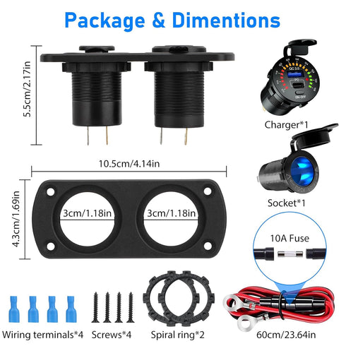 Linkstyle 12V USB Outlet, QC3.0 USB-A Port, PD USB-C Port, Cigarette Lighter Socket with Voltmete Switch, Outlet Socket Panel for Car Boat...