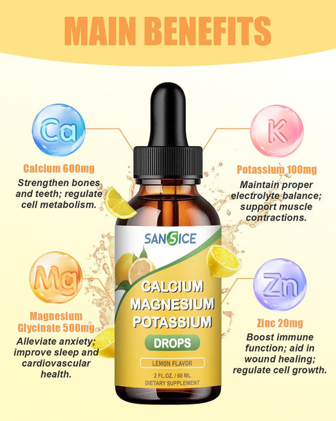 Calcium Magnesium Potassium Supplement Liquid,400mg Magnesium Glycinate,600mg Calcium Magnesium Drop Supplement with Vitamin D and Zinc (60ml/Lemo...