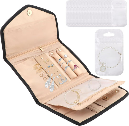 Jewelry Travel Organizer Roll with Multiple Compartments and Pockets Foldable Jewelry Storage Roll for Earrings, Necklaces, Rings, Bracelets, Broo...
