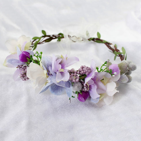 Vivivalue Floral Crown Headband Flower Headpiece Hair Wreath Floral Halo Boho with Ribbon Wedding Party Photos Prom Lavander...