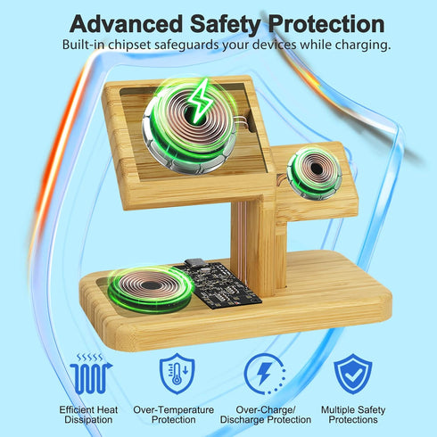 Wireless Charging Station for Apple, 20W Fast 3 in 1 Wireless Charger Stand, Bamboo Charging Station for iPhone 15/14/13/12 Pro/Max/Plus, for Appl...