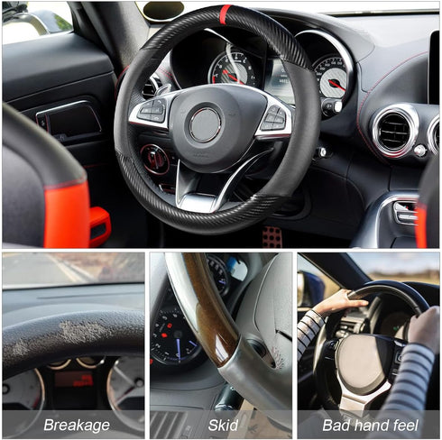 Car Steering Wheel Cover, 15 inch Anti-Slip Steering Wheel Protector, Carbon Fiber & Microfiber PU Leather Steering Wheel Cover for Women and Men,...