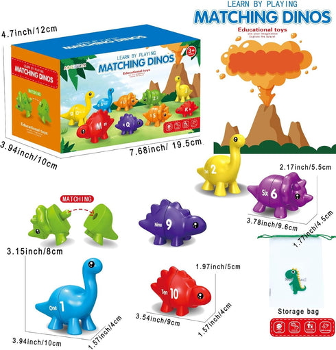 Matching Dinosaur Toys Number 1-10, Fine Motor Toys, Dino Match Game Preschool Educational Montessori Learning Toys for Toddlers Boys Girls, Count...
