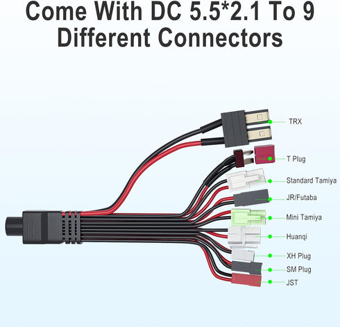 SoulBay RC Car Battery Charger with 9-Way Splitter Connector for Airsoft RC Car Hobbies 2-10S NiMH & NiCD Batteries Pack 2.4V 3.6V 4.8V 6V 7.2V 8....