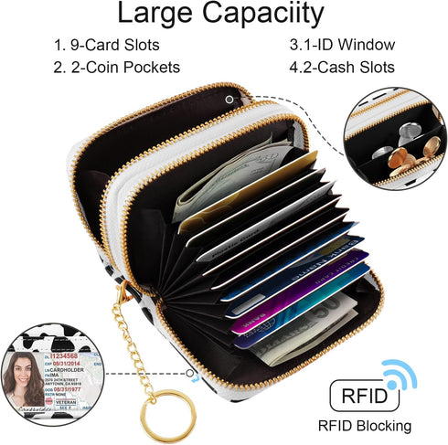 Credit Card Holder Small Double Zipper Card Wallet for Women with Keychain, Cow...