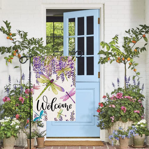 Baccessor Summer Spring Flower Garden Flag Wisteria Dragonfly Floral Welcome Small Yard Flag Burlap Double Sided Vertical Seasonal Farmhouse Weddi...