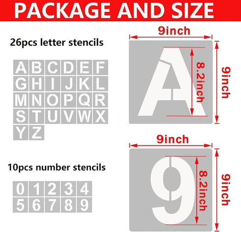 9 Inch Letter Stencils and Numbers, 36 Pcs Alphabet Art Craft Stencils, Reusable Plastic Art Craft Stencils for Wood, Wall, Fabric, Rock, Signage,...