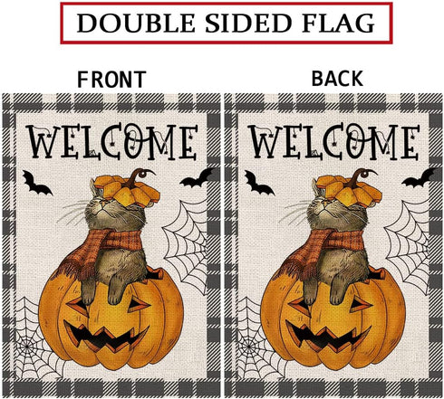Halloween Garden Flag Cat Pumpkin Head Bat Buffalo Plaid Vertical Double Sided Flag Halloween Holiday Farmhouse Yard Lawn Outdoor Party Decor 12.5...