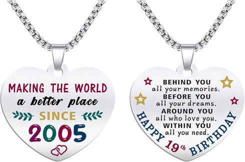 19th Birthday Gifts for Women - Born In 2005 Birthday Gifts - Engraved Stainless Steel Heart Pendant Necklace - 19 Year Old Girls Birthday Gift...