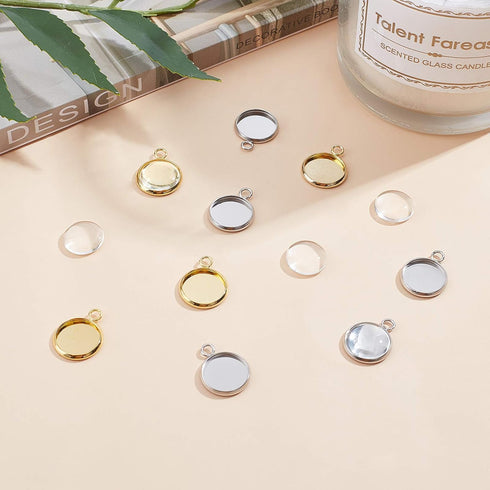 UNICRAFTALE 40 Sets 2 Colors 12mm Flat Round Tray Pendants Making Kits 304 Stainless Steel Pendant Cabochon Settings and Clear Glass Cabochon for ...