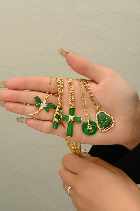 5Pcs Green Jade Buddha Pendant Necklace Set 18K Gold Plated Zircon Chain Lucky Buddha Necklace for Women Cross Dragon Dragonfly Round Pendant Neck...