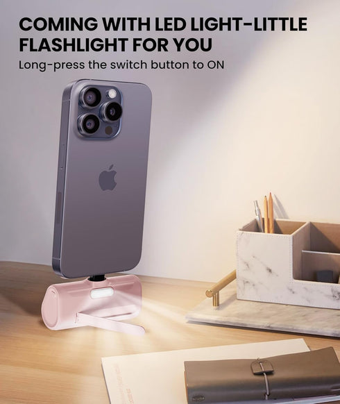 Pink Small Portable Charger for iPhone,5000mAh Lightweight Battery Pack with Metal Stand/LED Flashlight Mini Power Bank Battery Charge for iPhone ...