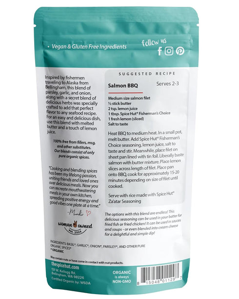 Spice Hut - Organic Fisherman's Choice Herb Seasoning, Salt-Free, Savory Spices for White Fish, Cod, Salmon, Seafood Pasta / All-Natural, Kosher, ...