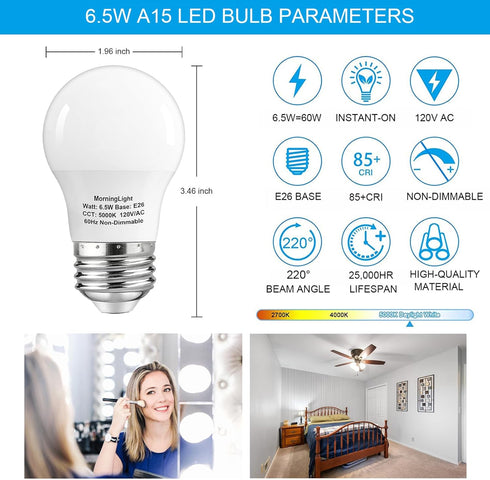 6 Pack A15 LED Bulbs 60W Equivalent, Daylight 5000K, E26 Base, Non-Dimmable, 6.5W 600 Lumens Bulb, A15 LED Light Bulbs for Ceiling Fan, Wall sconc...