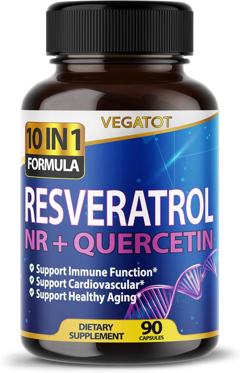 VEGATOT 10 in 1 High Strength Resveratrol 11,500MG with Quercetin Healthy Aging Immune Brain Boost Joint Support (90 Count (Pack of 1))...