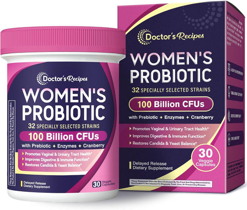 Doctor's Recipes Probiotics for Women, 100 Billion CFU 32 Strains, with Prebiotic Fiber, Enzymes & Cranberry, Vaginal Urinary Digestive & Immune, ...
