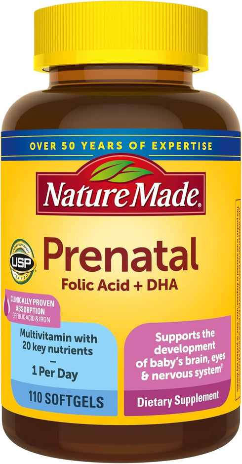 Nature Made Prenatal with Folic Acid + DHA, Prenatal Vitamin and Mineral Supplement for Daily Nutritional Support, 110 Softgels, 110 Day Supply...