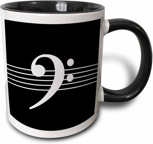 3dRose mug_232122_4 Black Bass clef F-clef on musical staves staff - music musician gift - Two Tone Black Mug, 11oz...