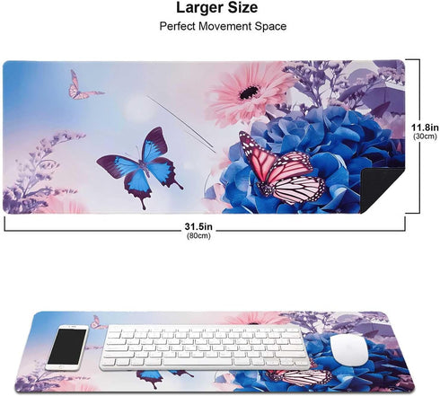Butterfly Flower Desk Pad, Rubber Base Mousepad with Stitched Edges, Daisies Floral Deskmat for Office, Home, Pink and Blue XL Large Gaming Keyboa...