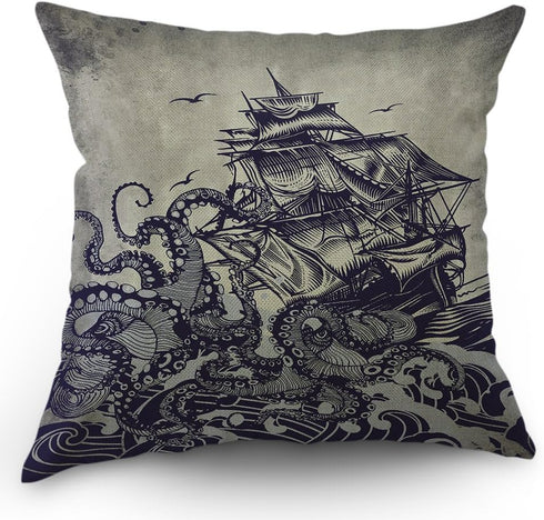 Kraken Pillow Cover Vintage Sail Boat Ocean Waves Octopus Throw Pillow Case 18 x 18 Inch Home Textile European Style Cotton Linen Cushion Cover fo...