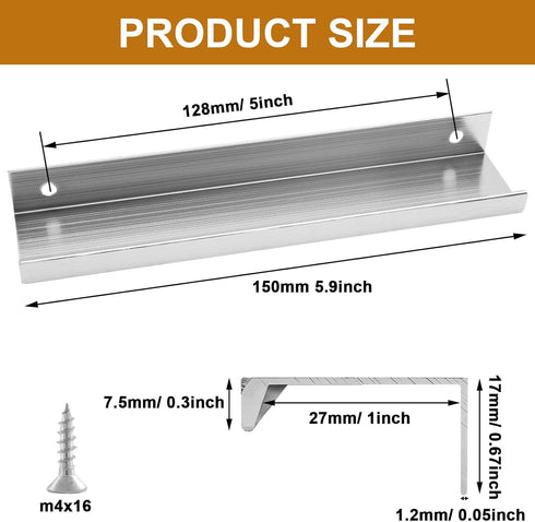 10 PCS Brushed Silver Finger Edge Pulls for Cabinets, Back 5" (128mm) Hole Center Tab Hidden Drawer Pull Handle for Dresser Closet, 5.9"/150mm Len...