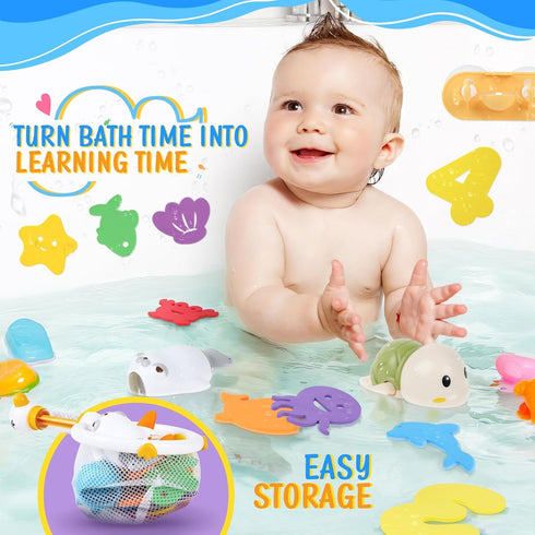 Bath Toys for Kids Ages 1-3 - Mold Free Baby Pool Toys for Toddlers with 2-in-1 Fishing Net Water Spraying Floating Animals and Foam Toy, Wind up ...