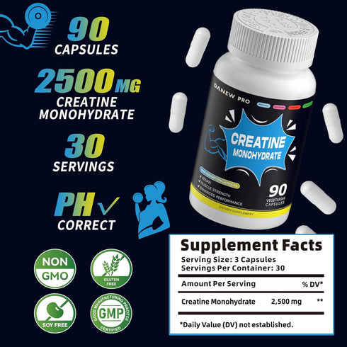 Creatine Monohydrate 2500mg Per Serving, 90 Capsules - Gluten Free, Non-GMO...