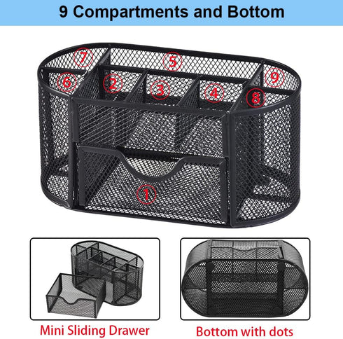 AUSTARK Desk Organizer Stationery Storage, Pencil Holder for Desk, Wire Mesh Office Supplies Desk Accessories & Workspace Organizers with 9 Compar...