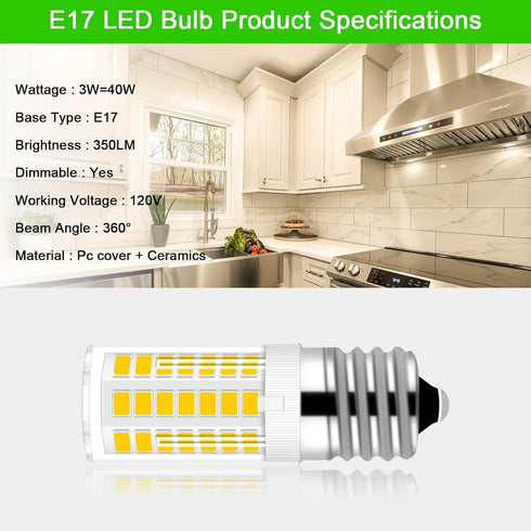 E17 LED Bulb, Dimmable Microwave Light Bulb 40W Incandescent Replacement for Whirlpool Maytag GE Over The Range Hood Microwave, Under Hood, Refrig...