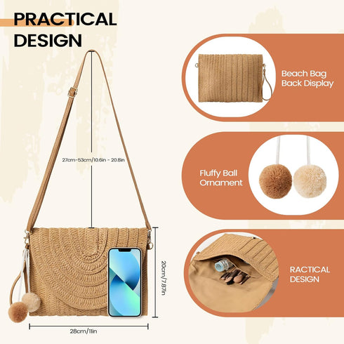 Straw Bag Woven Purse Straw Crossbody Bags for Women Straw Handmade Bag for Women for Casual Beach...