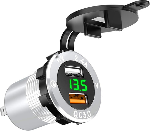 Upgraded Aluminum Alloy Quick Charge 3.0 USB Car Charger Socket & 2.4A USB Port IP66 Waterproof Dual USB Power Outlet with Voltmeter for Car Boat ...
