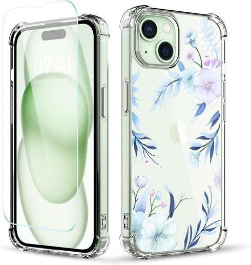 Compatible with iPhone 15 Case with Screen Protector, Flower Pattern Design, Floral Clear Women Phone Case Shockproof Protective Soft Bumper Cover...