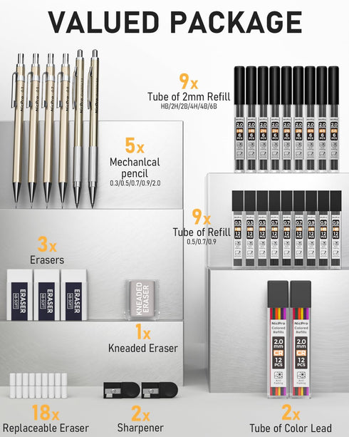 Nicpro 34PCS Art Mechanical Pencils Set, Metal Drafting Pencil 0.3 mm & 0.5 mm & 0.7 mm & 0.9 mm & 2PCS 2mm Lead Holder (6B 4B 2B HB 2H 4H Colors)...