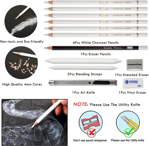 White Charcoal Pencils Set - 12 Piece Sketch Highlight White Pencils Set for Drawing, Sketching, Shading, Blending, Artist Pencils for Artists, Pr...