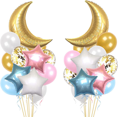 34 PCS Twinkle Little Star Baby Shower Birthday Party Decoration,Moon and Star Mylar Balloons for Gender Reveal Party,Blue Pink White Gold Confett...