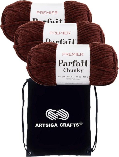 Premier Yarns Parfait Chunky Chocolate 1150-35 (3-Skeins - Same Dye Lot) Weight S Bulky #6 Polyester Yarn for Crocheting and Knitting - Bundle wit...