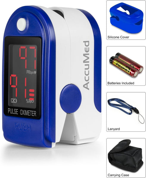AccuMed CMS-50DL Fingertip Pulse Oximeter Blood Oxygen SpO2 Sports and Aviation Fingertip Monitor w/ Carrying case, Lanyard Silicon Case & Battery...