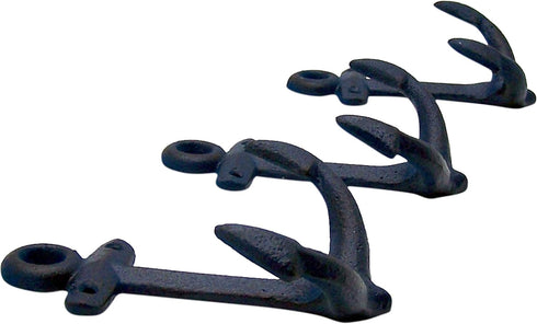 Wowser Nautical Cast Iron Ship Anchor Wall Hooks, 6 Inches, Set of 3 (Blue)...