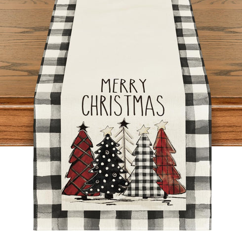 Artoid Mode Waterclor Buffalo Plaid Christmas Trees Merry Xmas Table Runner, Seasonal Winter Holiday Kitchen Dining Table Decoration for Indoor Ou...