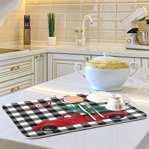 Oarenol Christmas Buffalo Truck Dish Drying Mat Black White Plaid Large 18 x 24 Inch Reversible Drying Mat for Kitchen Counter...