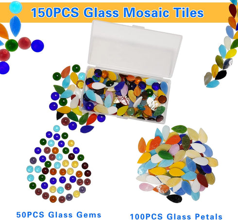 Mixed Color Petal Glass Mosaic Tiles, Water Drop Stained Mosaic Glass Pieces with Round Flat Glass Gems for Crafts...
