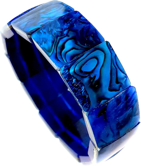 Natural Abalone Shell Stretchable Cuff Bracelet Set in Blue Resin Handmade Women Paua Jewelry DA492-B...