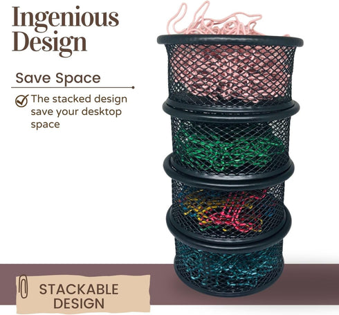 Paperclip Holder Metal - 4 Pack Paper Clip Holder for Desk Stackable Black Mesh Paperclip Holders Desk Non-slip Space-saving Slim Design Premium S...